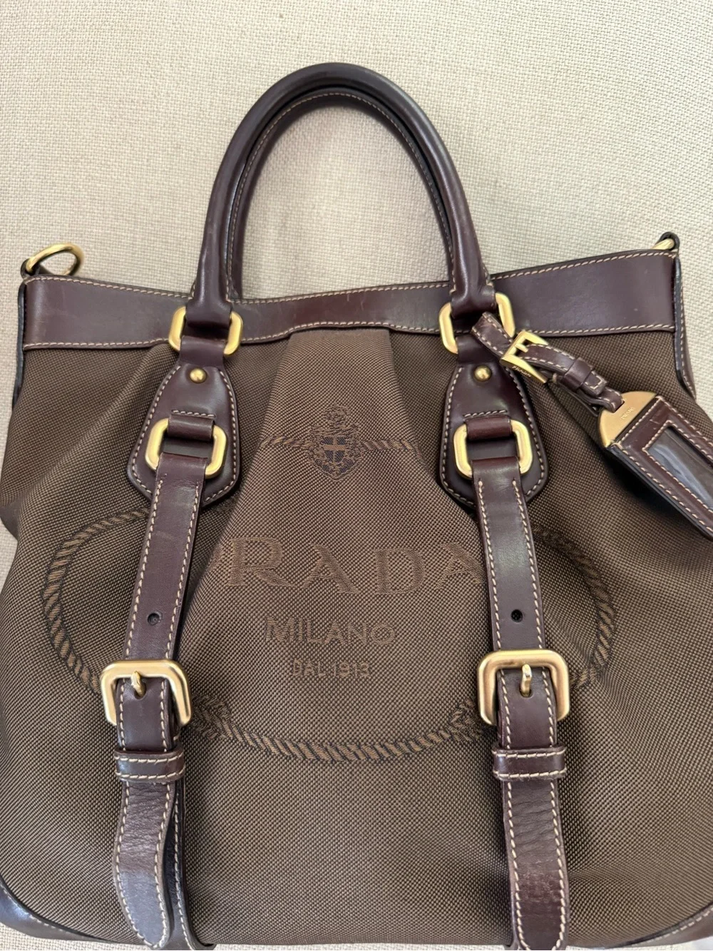 Prada Brown Canvas and Dark Brown Leather Crossbody Tote with Gold Hardware